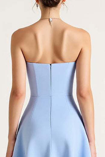 Sky Blue A Line Satin Midi Graduation Dress with Bow