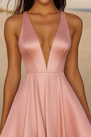 Load image into Gallery viewer, Pink A Line Satin V Neck Short Graduation Dress