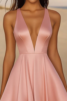 Pink A Line Satin V Neck Short Graduation Dress