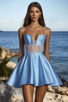 Load image into Gallery viewer, Blue Satin Spaghetti Straps Short Graduation Dress with Lace