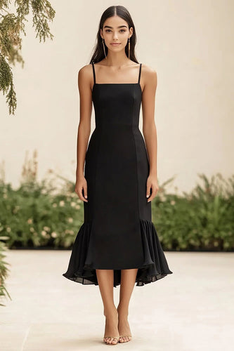 Black Satin Long Mermaid Formal Dress with Ruffles