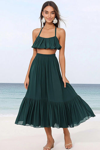 Dark Green Chiffon Two Piece A Line Boho Maxi Dress with Ruffles