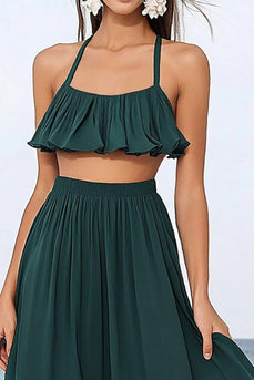 Dark Green Chiffon Two Piece A Line Boho Maxi Dress with Ruffles