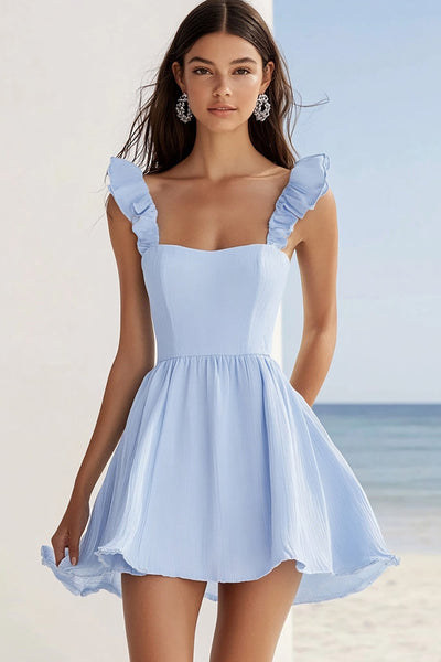 Sky Blue Chiffon Short A Line Cocktail Dress with Ruffles