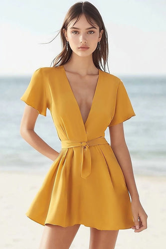 Yellow Satin V Neck Short A Line Cocktail Dress with Sash