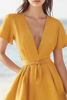 Load image into Gallery viewer, Yellow Satin V Neck Short A Line Cocktail Dress with Sash