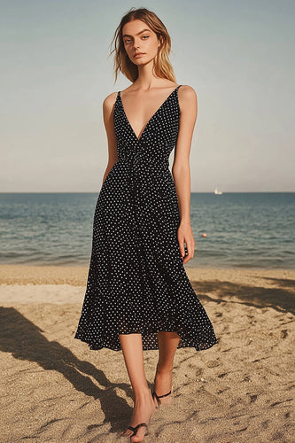 Black White Dots Chiffon V Neck A Line Boho Maxi Dress