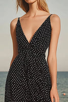 Load image into Gallery viewer, Black White Dots Chiffon V Neck A Line Boho Maxi Dress