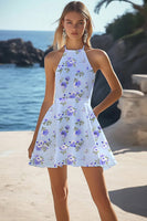 Load image into Gallery viewer, Blue Halter Floral A Line Short Boho Dress