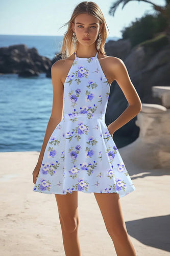 Blue Halter Floral A Line Short Boho Dress