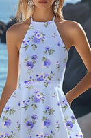 Load image into Gallery viewer, Blue Halter Floral A Line Short Boho Dress