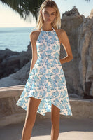 Load image into Gallery viewer, White and Blue Flower Halter A Line Short Boho Dress