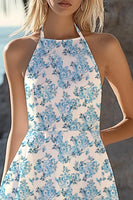 Load image into Gallery viewer, White and Blue Flower Halter A Line Short Boho Dress