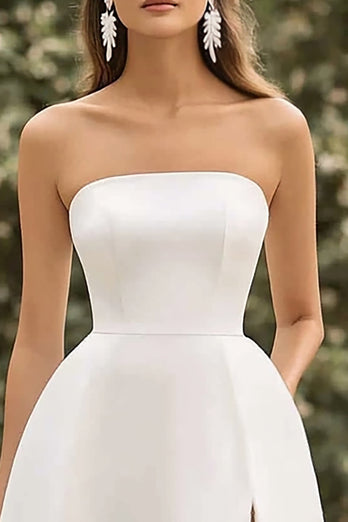 White Satin A Line Short Graduation Dress with Slit