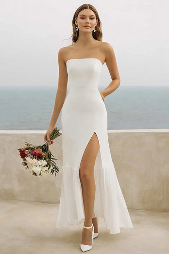 White Chiffon Mermaid Long Engagement Dress with Slit