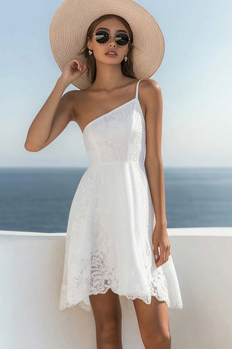 White Lace One Shoulder Short Graduation Dress