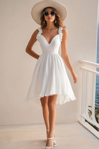 White Chiffon A Line V Neck Short Graduation Dress