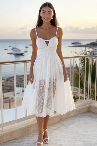 White A Line Lace Spaghetti Straps Midi Graduation Dress with Keyhole