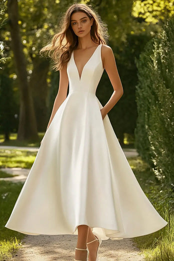 White A Line Satin V Neck Long Engagement Dress
