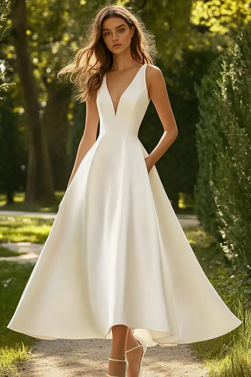 White A Line Satin V Neck Long Engagement Dress