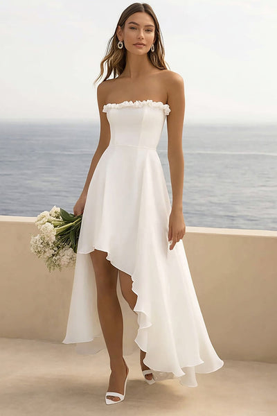 White Chiffon A Line Asymmetrical Long Engagement Dress with Slit