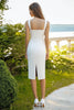 Load image into Gallery viewer, White Satin Sheath Square Neck Midi Graduation Dress