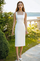Load image into Gallery viewer, White Satin Sheath Square Neck Midi Graduation Dress