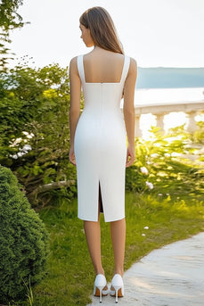 White Satin Sheath Square Neck Midi Graduation Dress