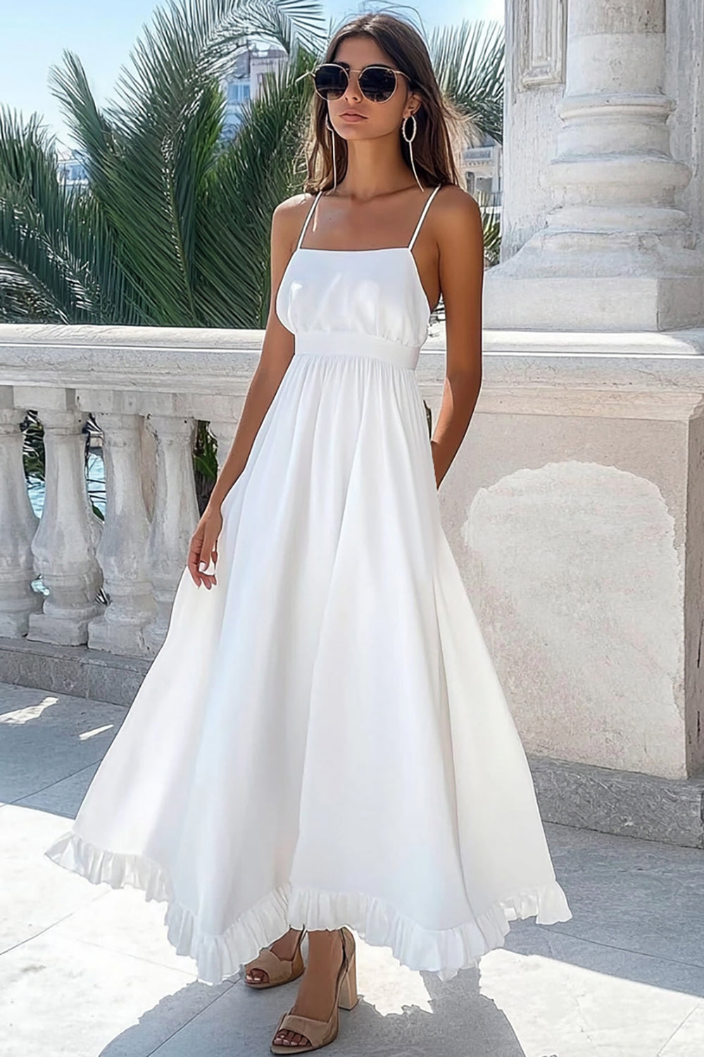 White A Line Boho Maxi Dress with Ruffles