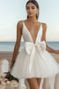 Load image into Gallery viewer, White Tulle Deep V Neck Short A-Line Graduation Dress with Bow