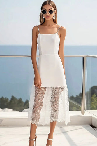 White Satin Sheath Midi Graduation Dress with Lace