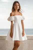 Load image into Gallery viewer, White Puff Sleeves A Line Short Graduation Dress