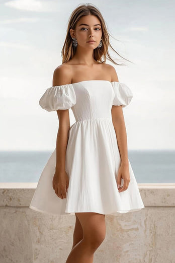 White Puff Sleeves A Line Short Graduation Dress