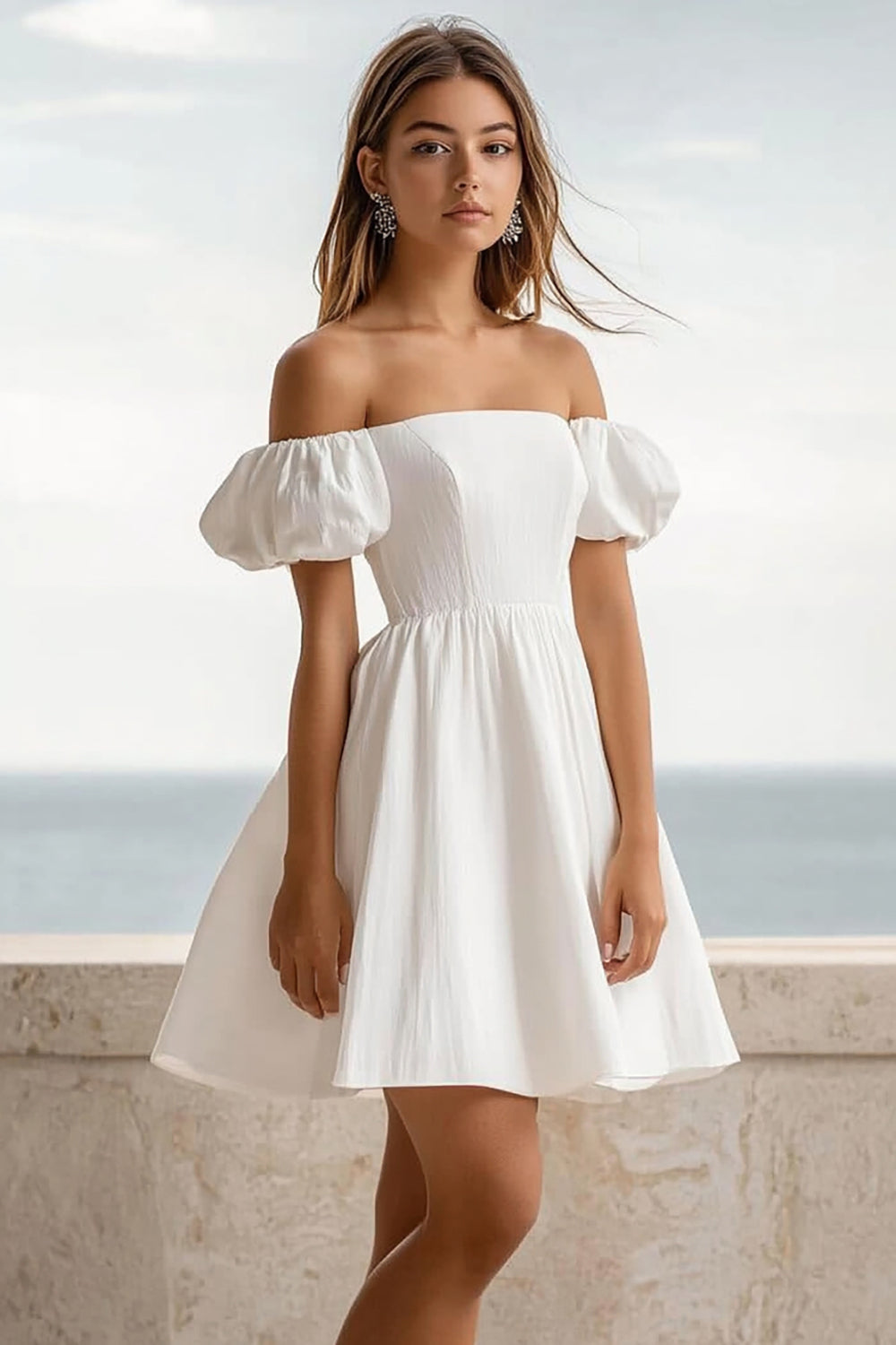 White Puff Sleeves A Line Short Graduation Dress