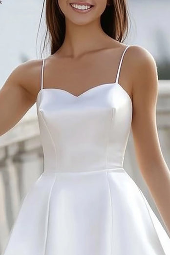 Simple White Spaghetti Straps Satin Short Graduation Dress