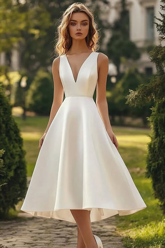 White Satin V Neck A Line Midi Graduation Dress