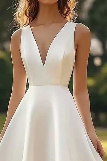 White Satin V Neck A Line Midi Graduation Dress