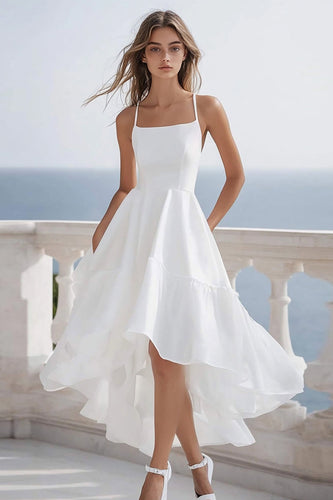 White Asymmetrical Midi Graduation Dress with Ruffles