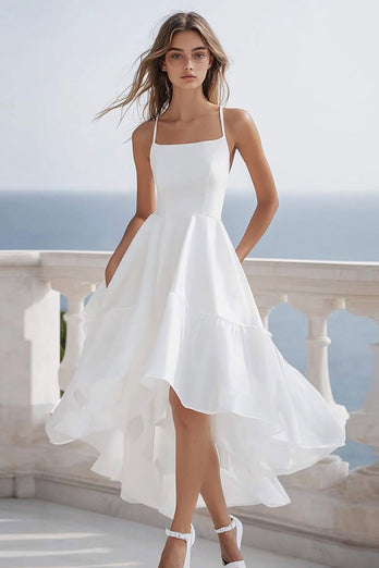 White Asymmetrical Midi Graduation Dress with Ruffles