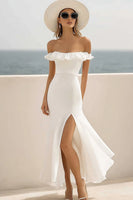 Load image into Gallery viewer, White Mermaid Chiffon Long Engagement Dress with Slit