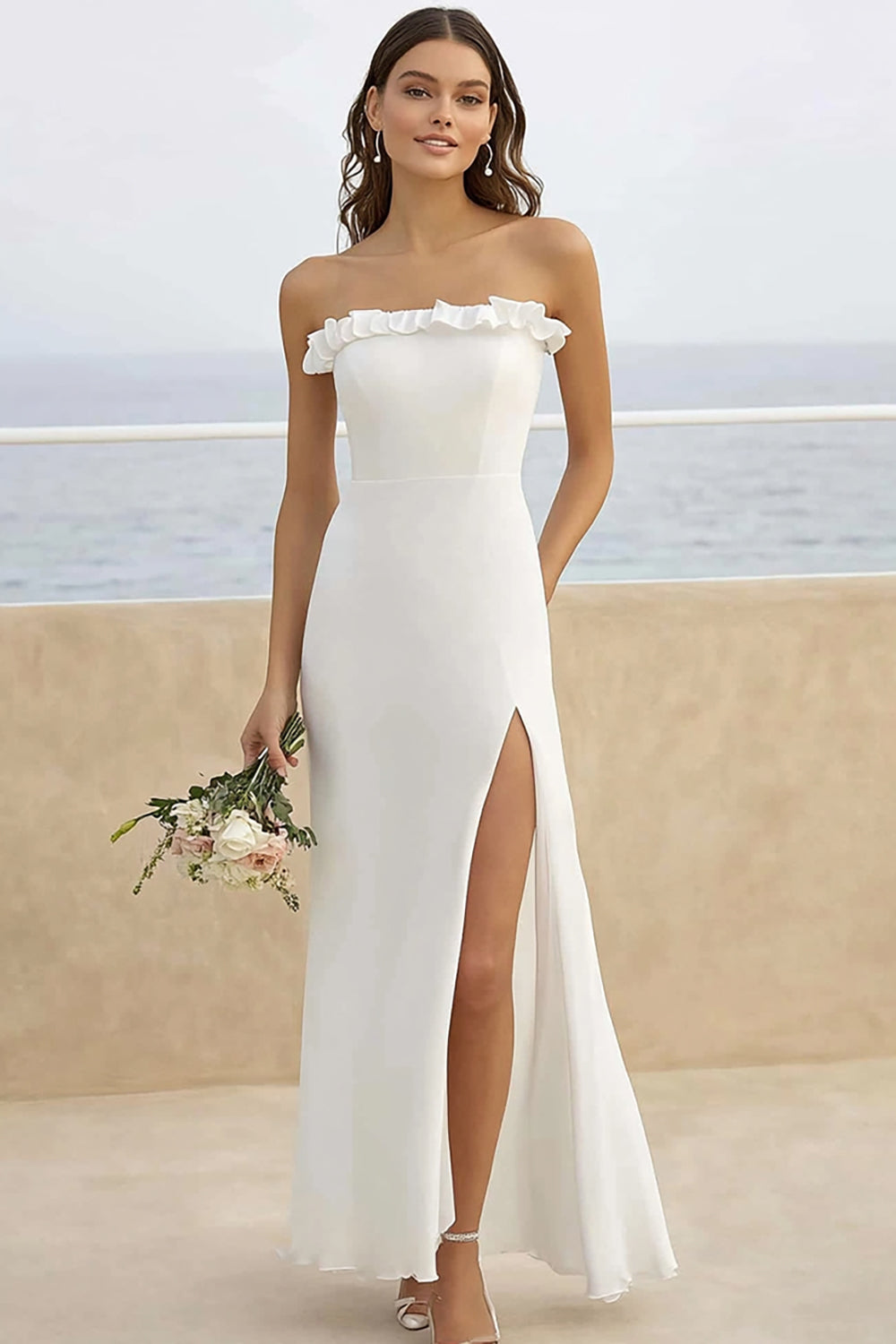 White Sheath Chiffon Long Engagement Dress with Slit