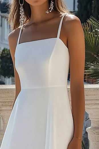 White Satin A Line Spaghetti Straps Midi Graduation Dress