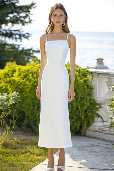 White Satin Sheath Spaghetti Straps Long Engagement Dress