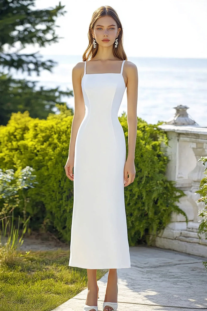 Load image into Gallery viewer, White Satin Sheath Spaghetti Straps Long Engagement Dress