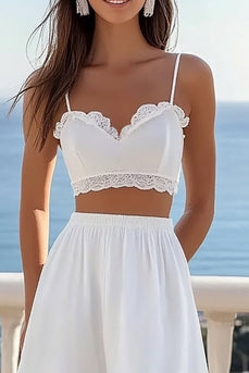 White Two Pieces Midi Graduation Dress with Lace