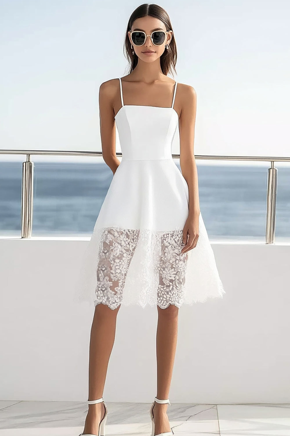 White Satin A Line Short Graduation Dress with Lace