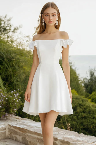 White A Line Satin Short Graduation Dress with Ruffles