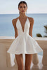 Load image into Gallery viewer, White Satin V Neck Ruched A-Line Short Graduation Dress