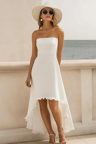 White Satin A Line High Low Graduation Dress with Ruffles