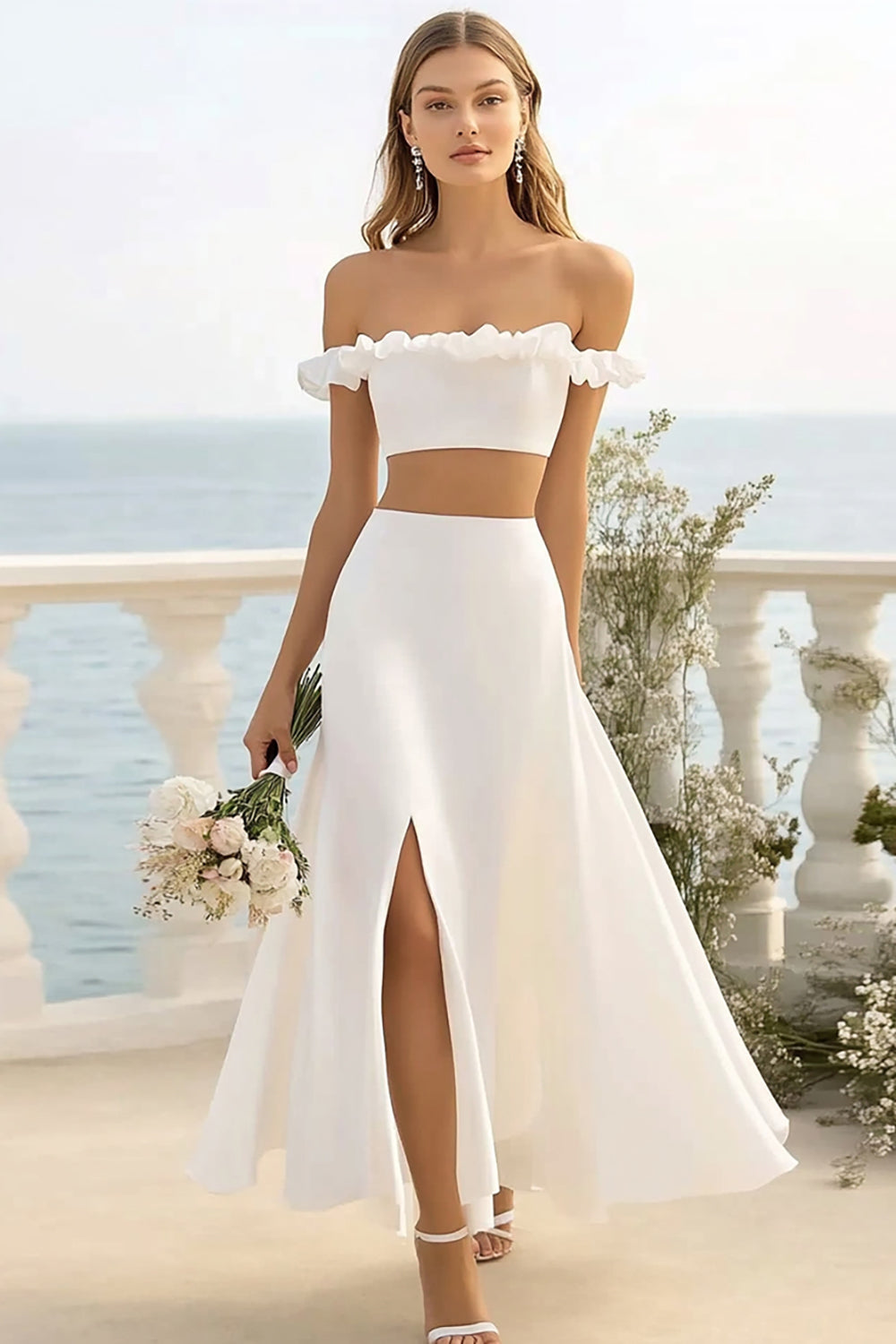 White Satin Two Pieces A Line Long Engagement Dress with Slit